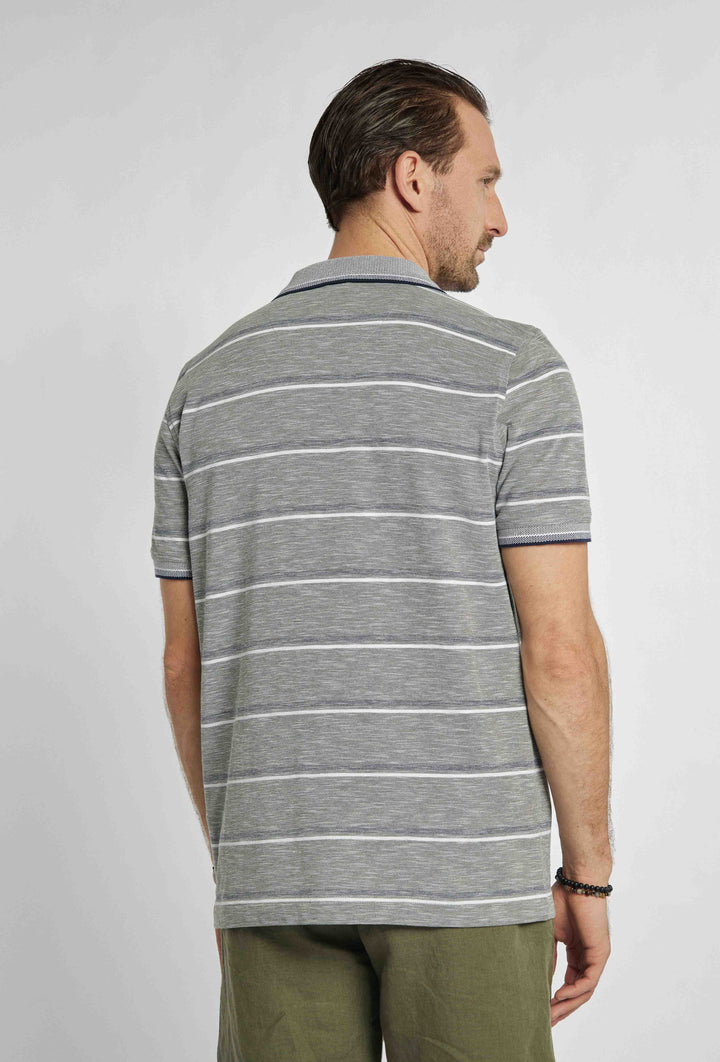 Gray polo shirt with navy and white stripes and brand logo on chest