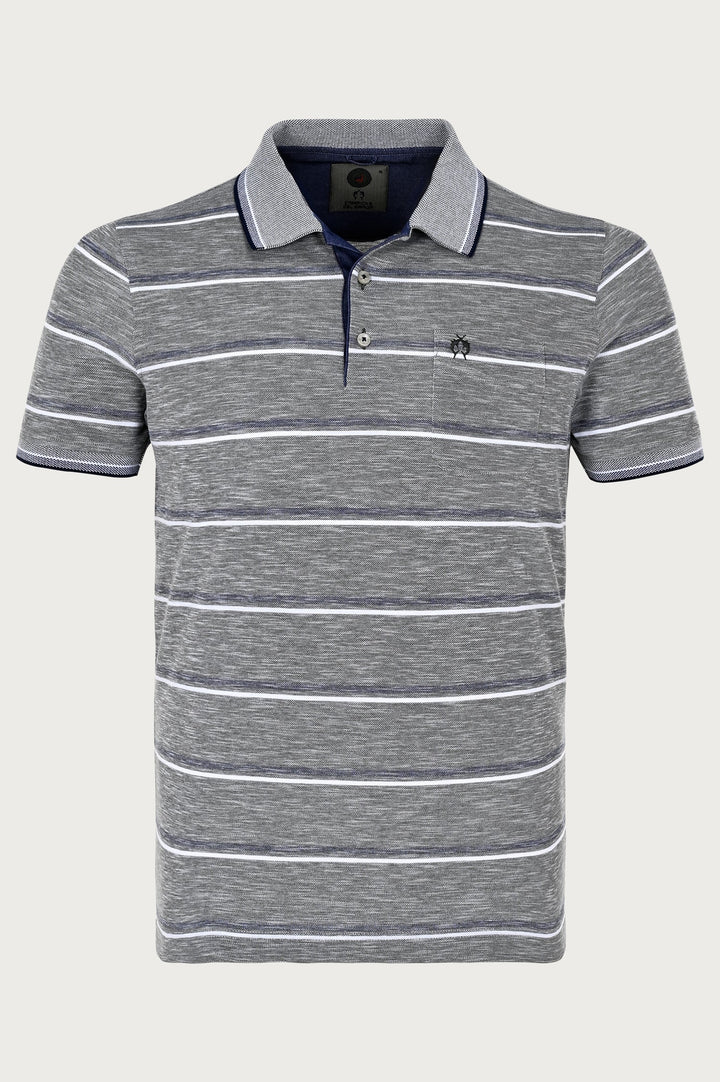 Gray polo shirt with navy and white stripes and brand logo on chest