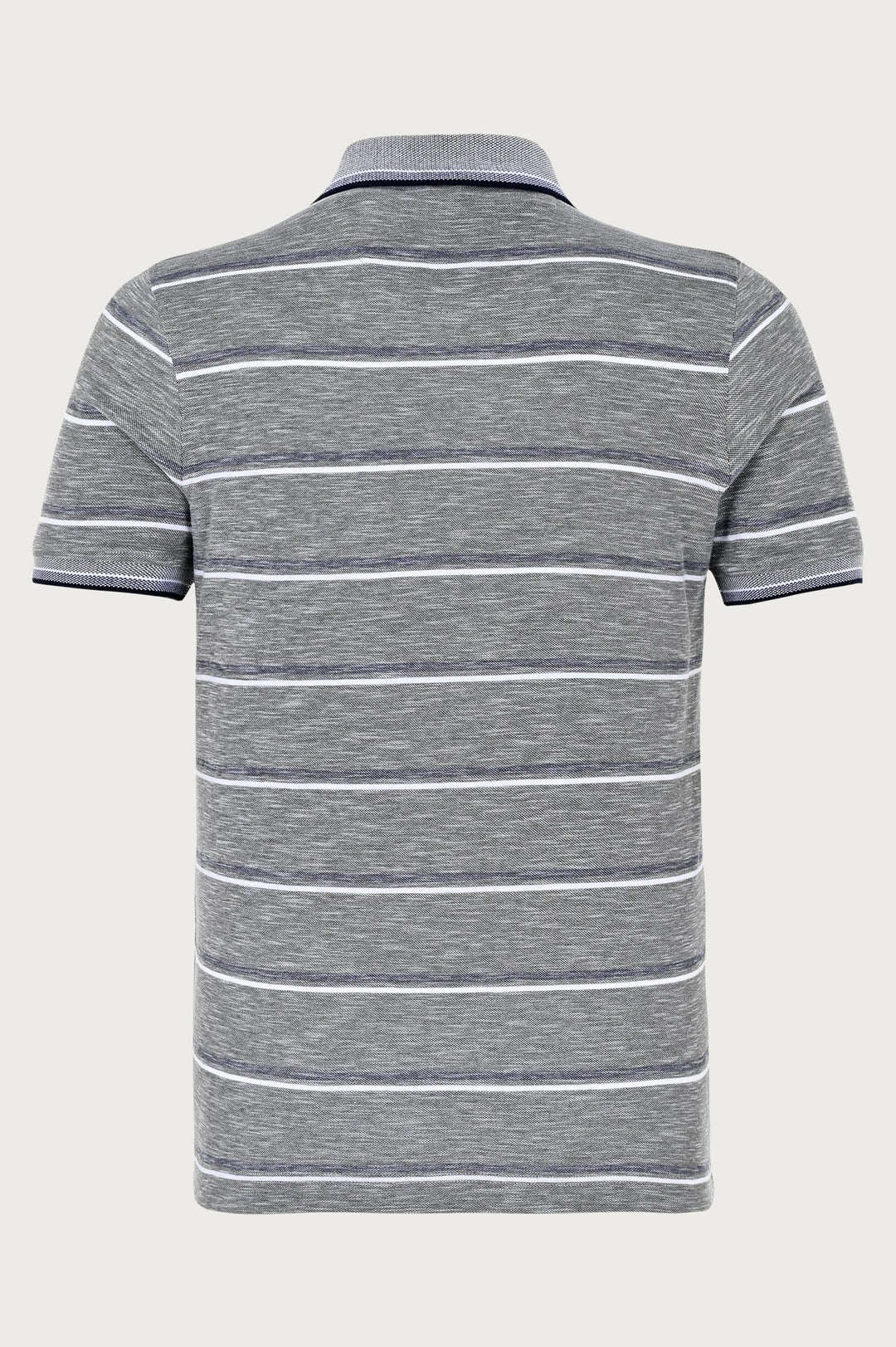 Gray polo shirt with navy and white stripes and brand logo on chest