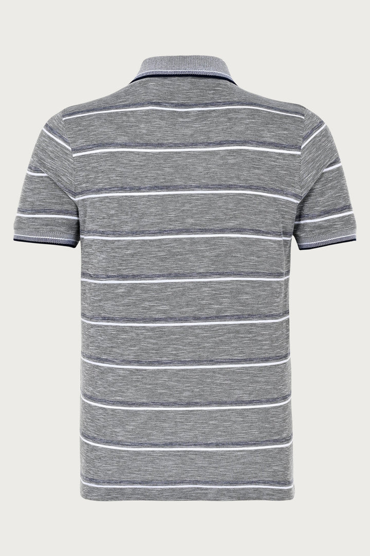 Gray polo shirt with navy and white stripes and brand logo on chest