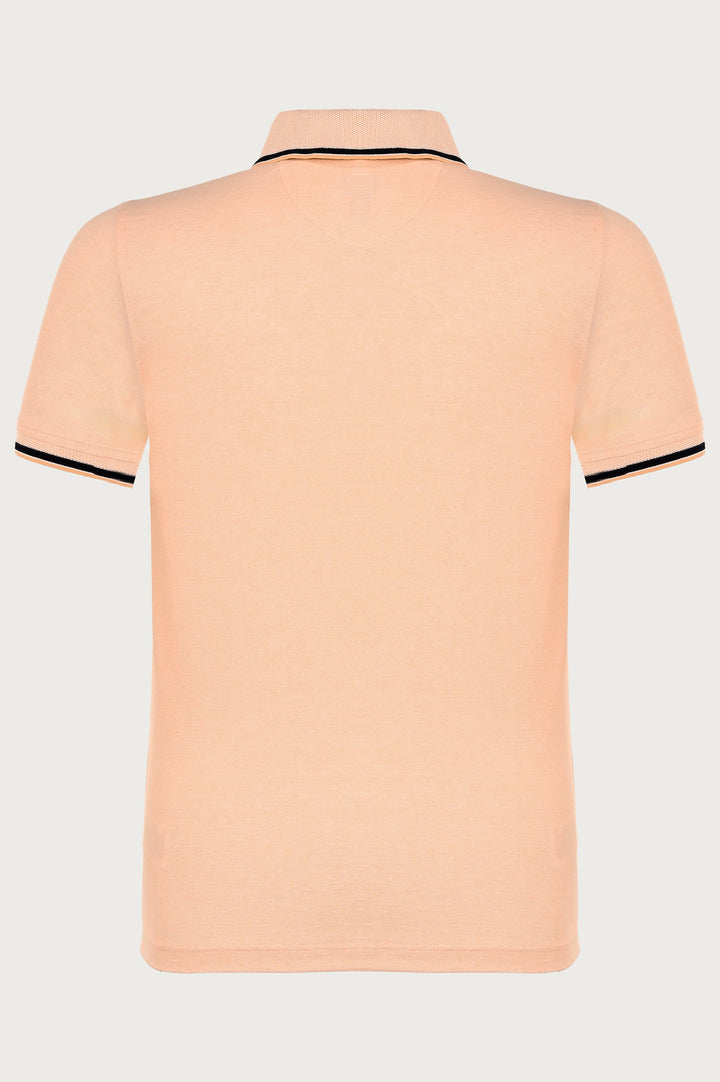 Orange T-shirt polo with black accents and fine stitching
