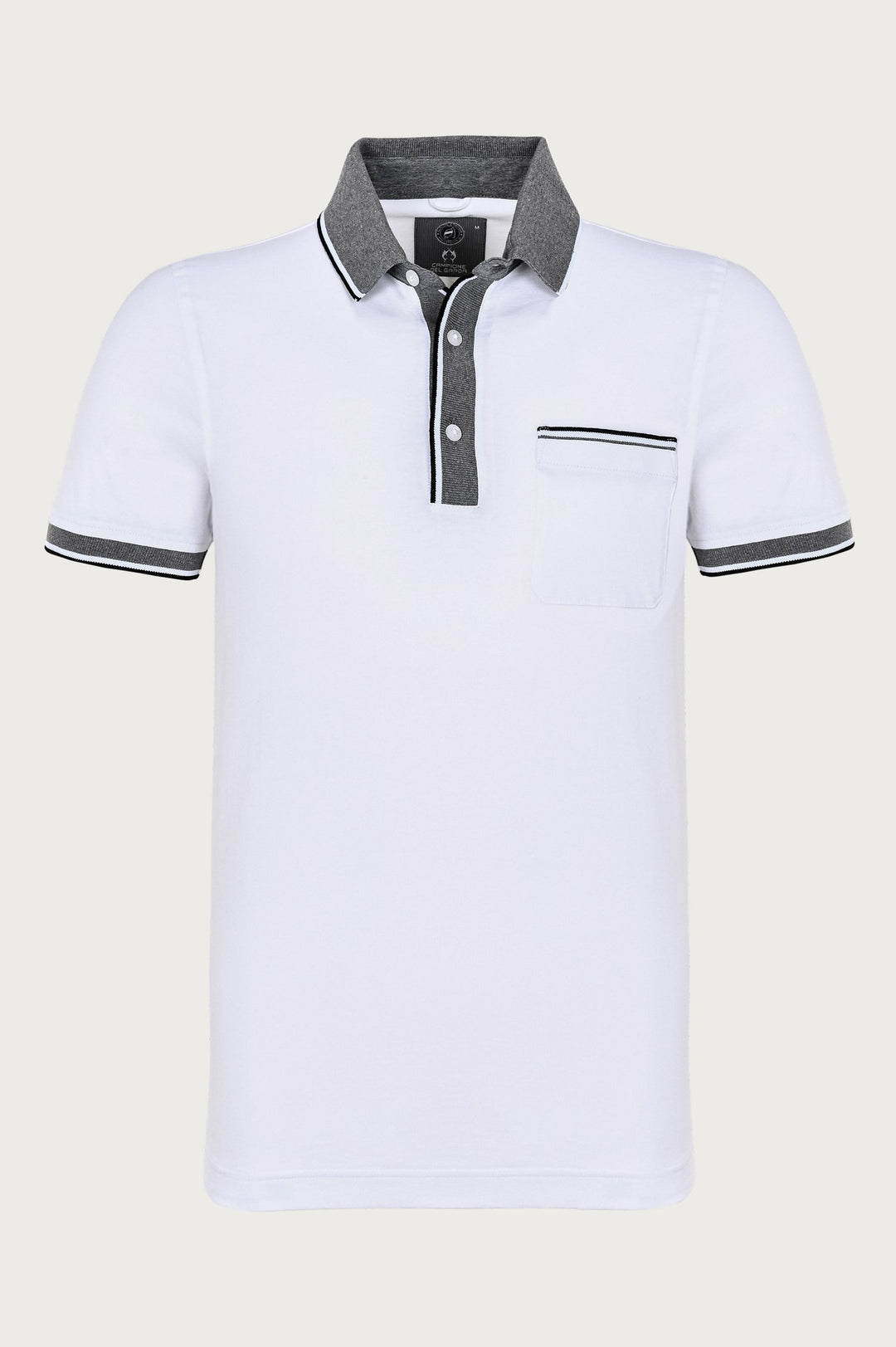 Wit poloshirt met knoopsluiting en grijze details en print
