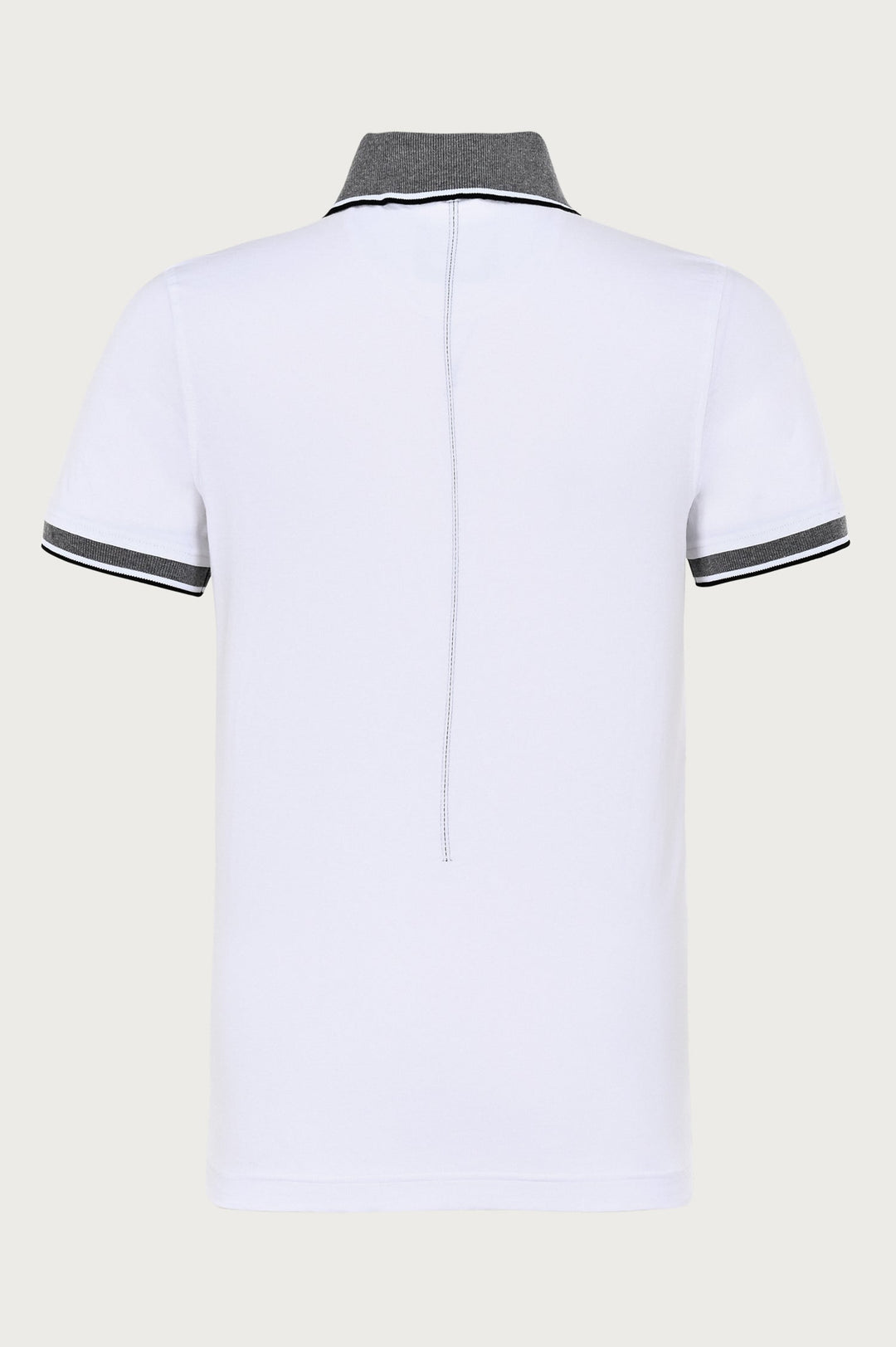 White polo shirt with button placket and gray details and print