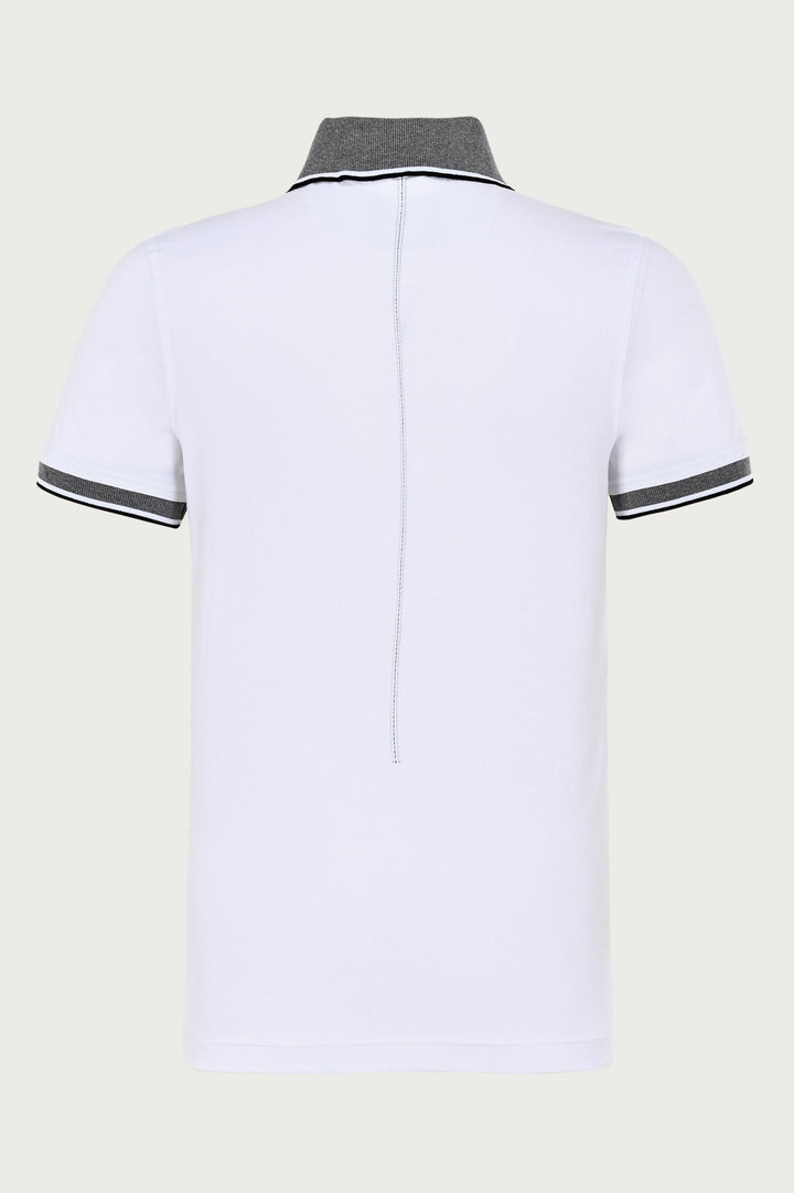 White polo shirt with button placket and gray details and print
