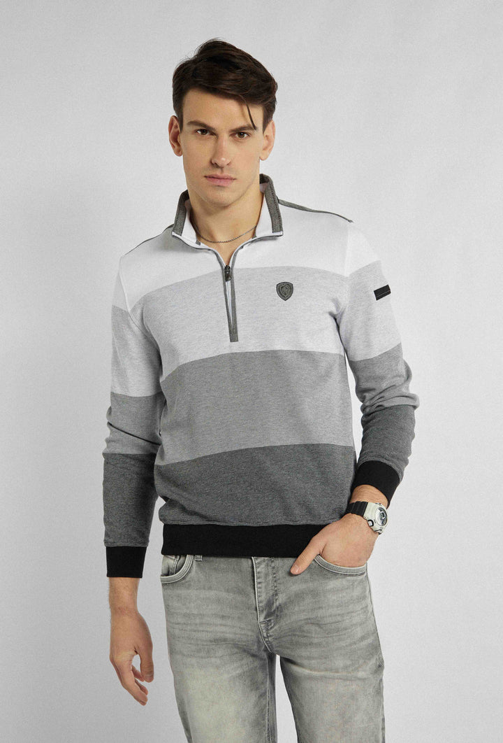 Grijze sweater met dikke horizontale strepen met biezen