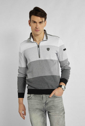 Grijze sweater met dikke horizontale strepen met biezen