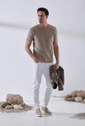 T-Shirt in Beige aus Baumwolle und Leinen
