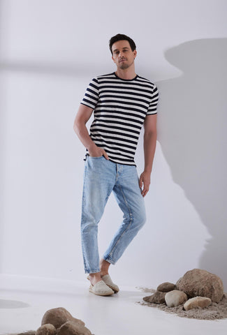 Classic men's striped t-shirt in navy blue color
