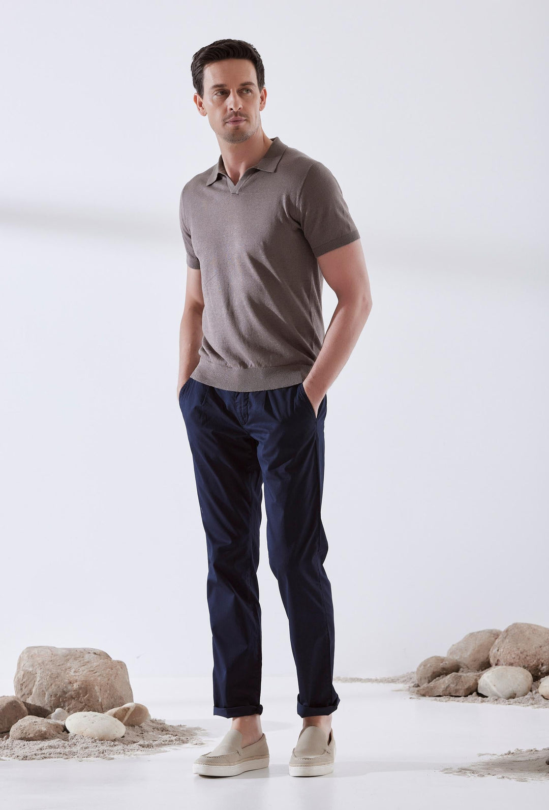 Linen Polo Shirt in Brown
