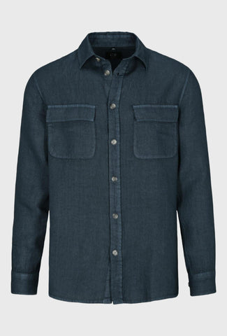 Linen classic shirt in solid navy blue color