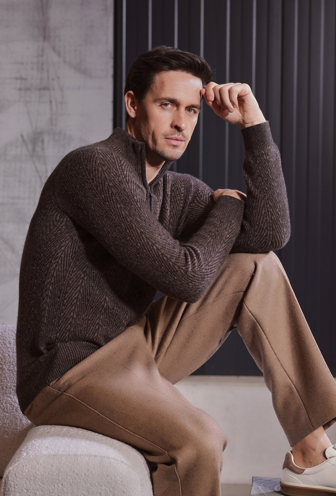 Brown Half-Zip Jumper with Diagonal Knit