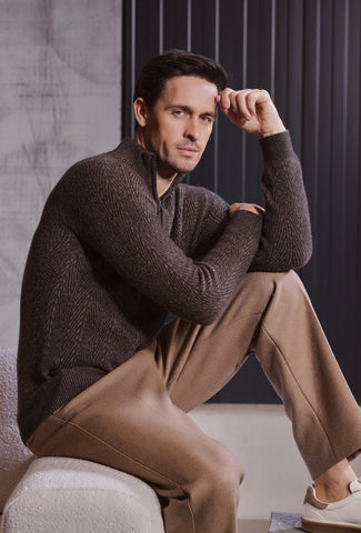 Brown Half-Zip Jumper with Diagonal Knit