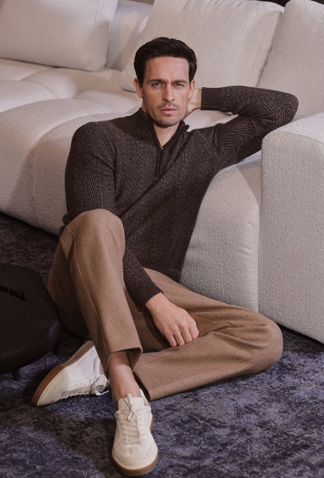 Brown Half-Zip Jumper with Diagonal Knit