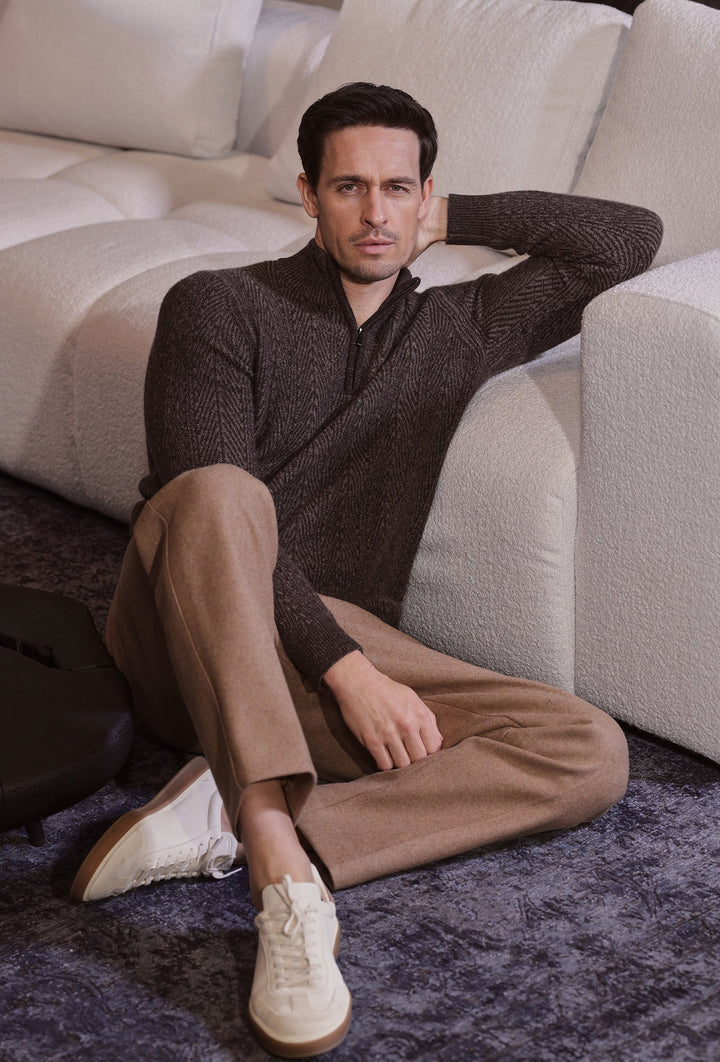 Brown Half-Zip Jumper with Diagonal Knit