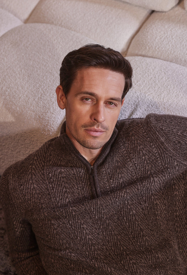Brown Half-Zip Jumper with Diagonal Knit