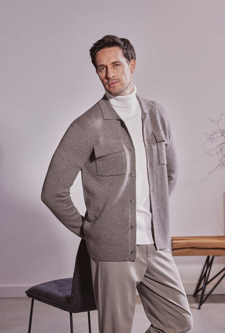 Commander Taupe Collared Cardigan with Chest Pockets