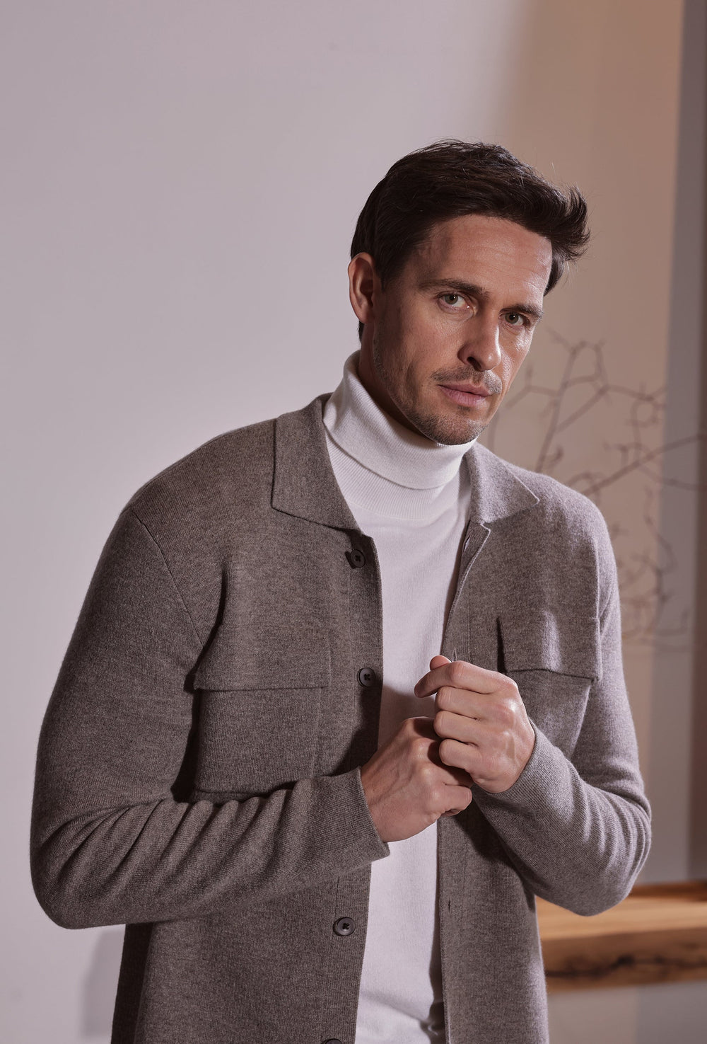 Commander Taupe Collared Cardigan with Chest Pockets