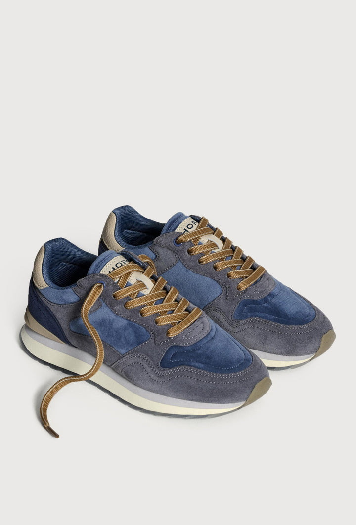 Blau-graue Sneaker mit beigen Einsätzen