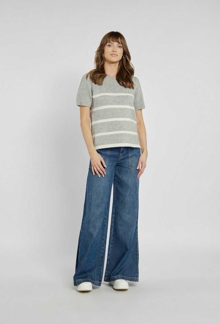 Grey Jumper with Horizontal White Stripes