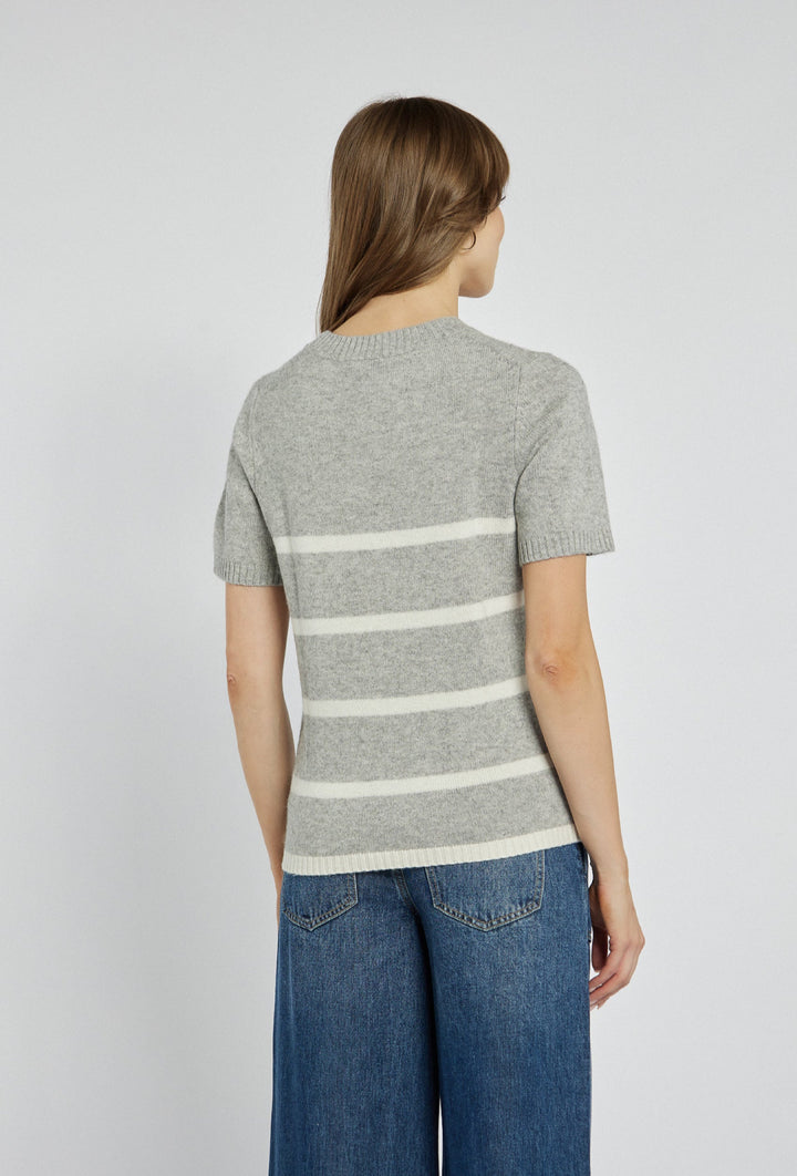 Grey Jumper with Horizontal White Stripes
