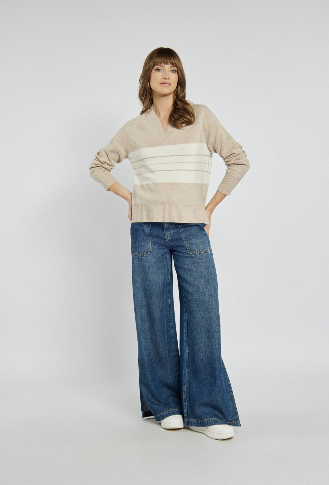 Beige Jumper with a V-neck and Stripes