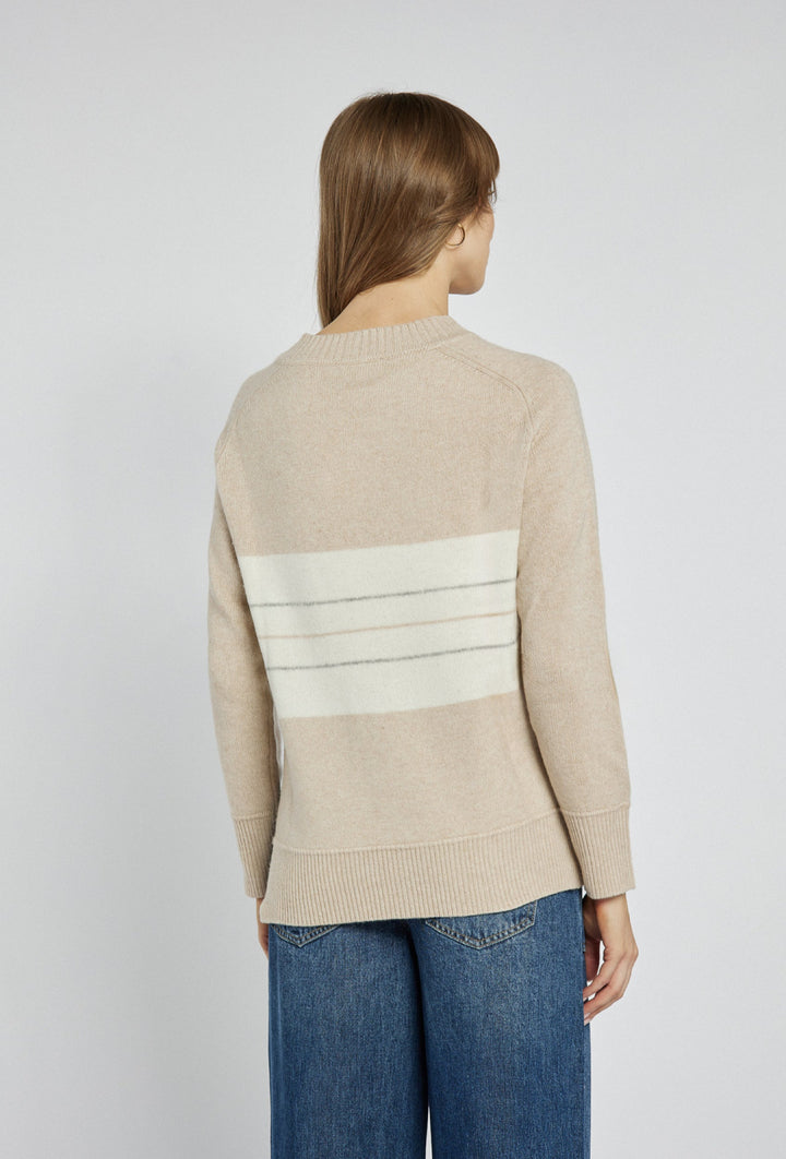 Beige Jumper with a V-neck and Stripes