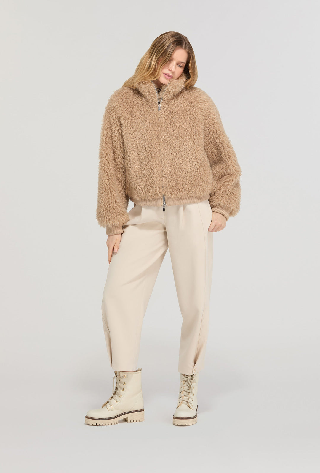 Beige Poncho Jacket in Fur-effect Fabric