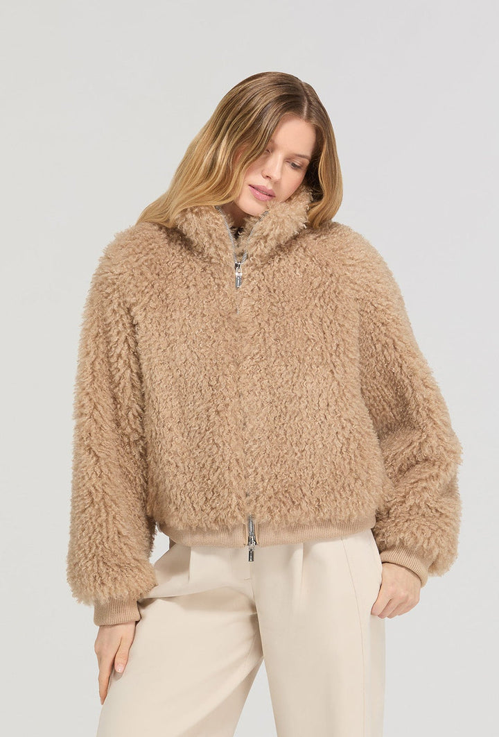 Beige Poncho Jacket in Fur-effect Fabric