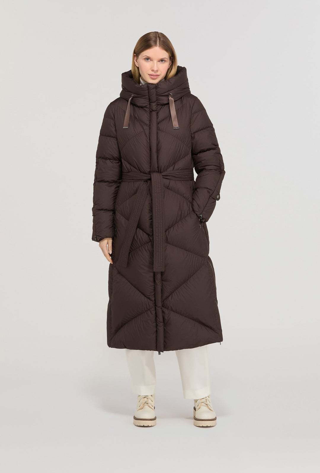 Long Belted Down Jacket in Chocolate
