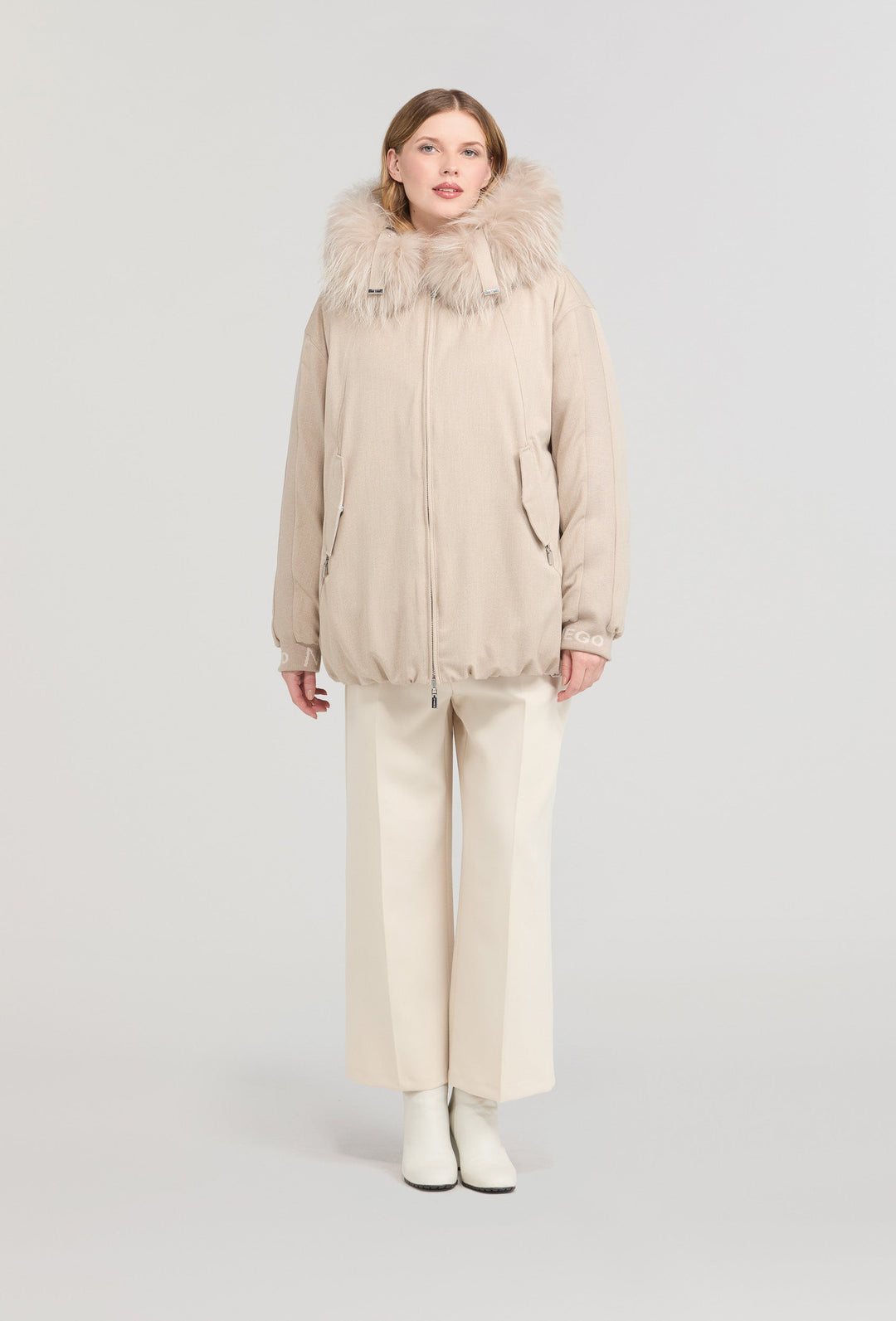 Beige Down Jacket with Fur Trim