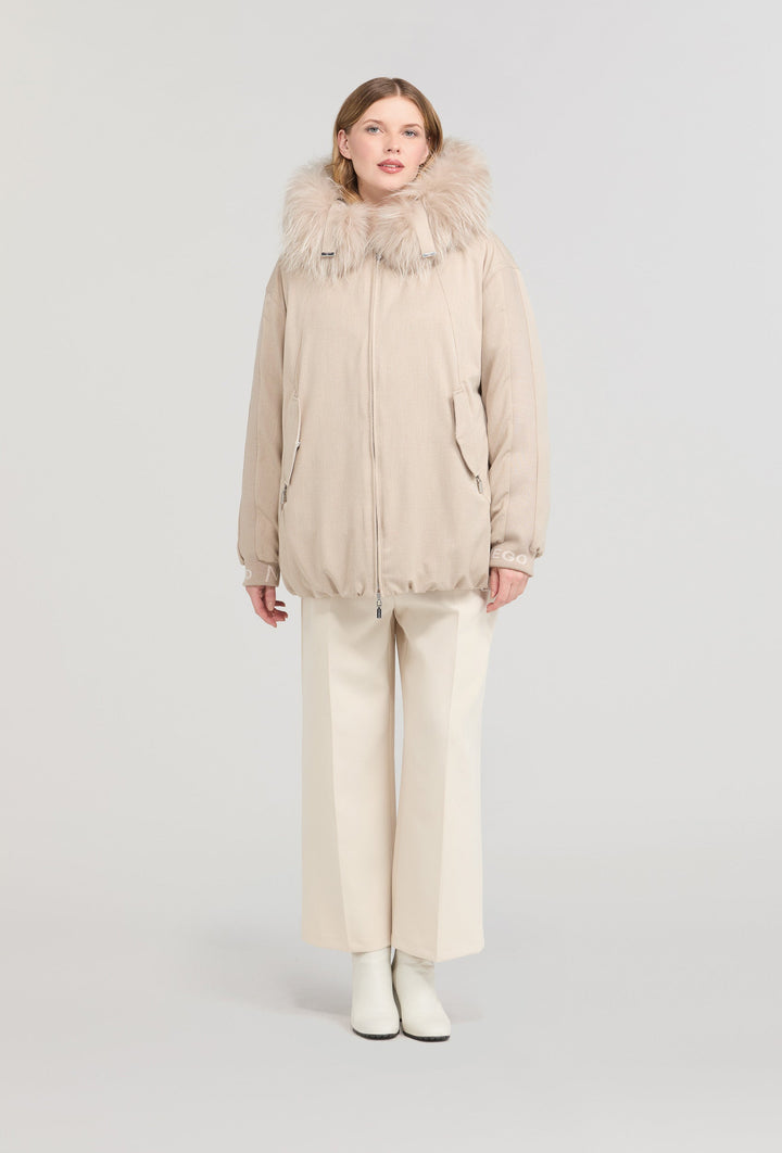 Beige Down Jacket with Fur Trim