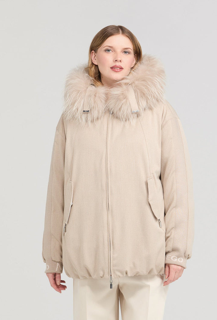 Beige Down Jacket with Fur Trim