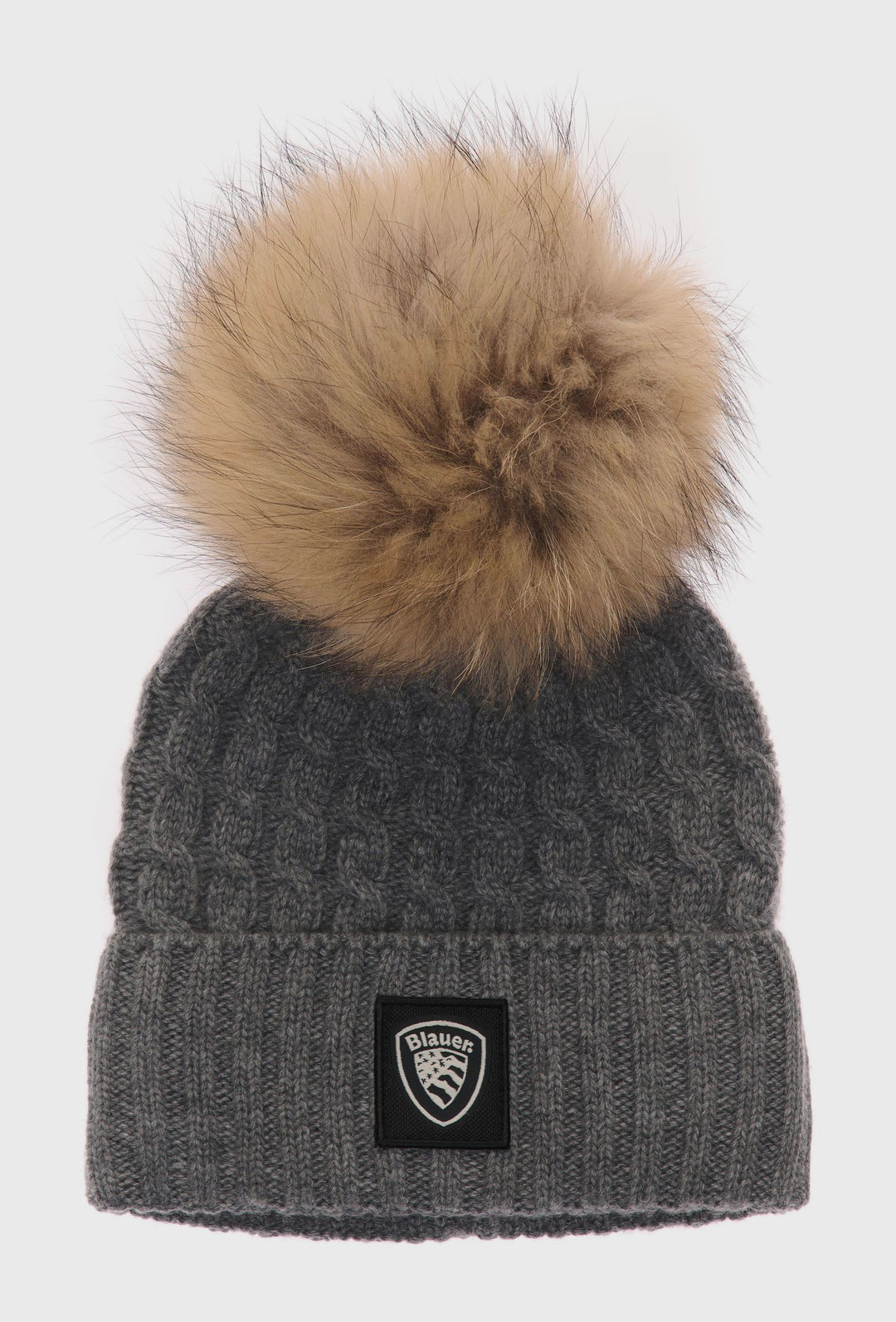 Grey Cable-Knit Hat with a Pom-Pom
