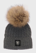 Grey Cable-Knit Hat with a Pom-Pom