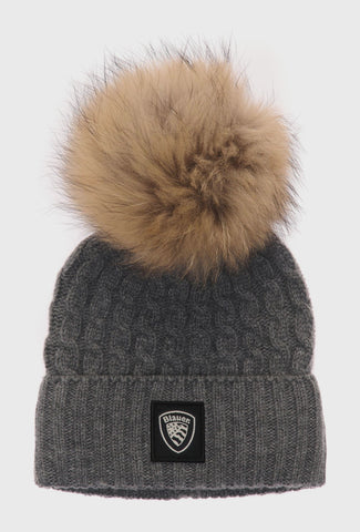 Grey Cable-Knit Hat with a Pom-Pom