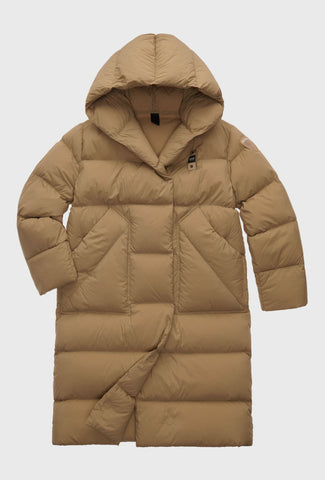 Long Beige Hooded Down Coat