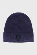 Blauer Marineblaue Rippstrickmütze mit Logoaufnäher