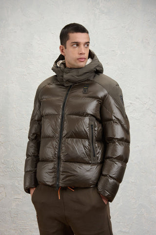 Brown Down Jacket with a Contrasting Hood