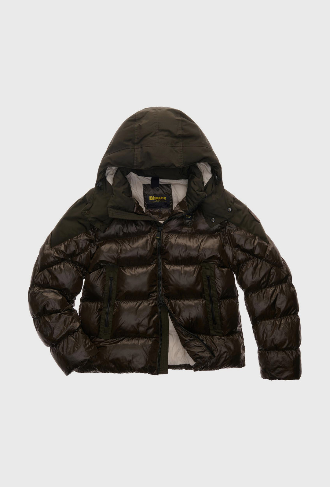Braune Daunenjacke mit Kontrastkapuze