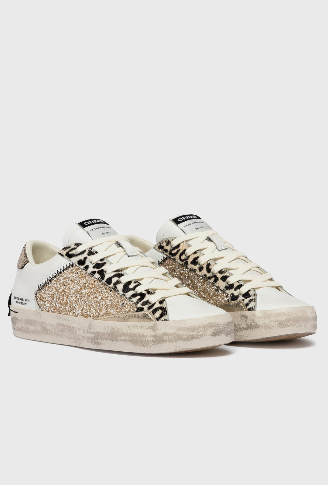 Weiße Crime London Sneaker mit Panther-Print und Glitzer