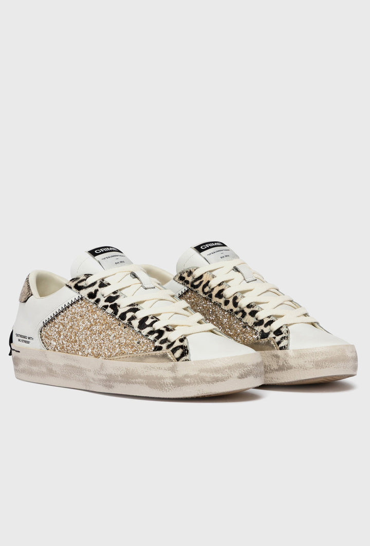 Weiße Crime London Sneaker mit Panther-Print und Glitzer