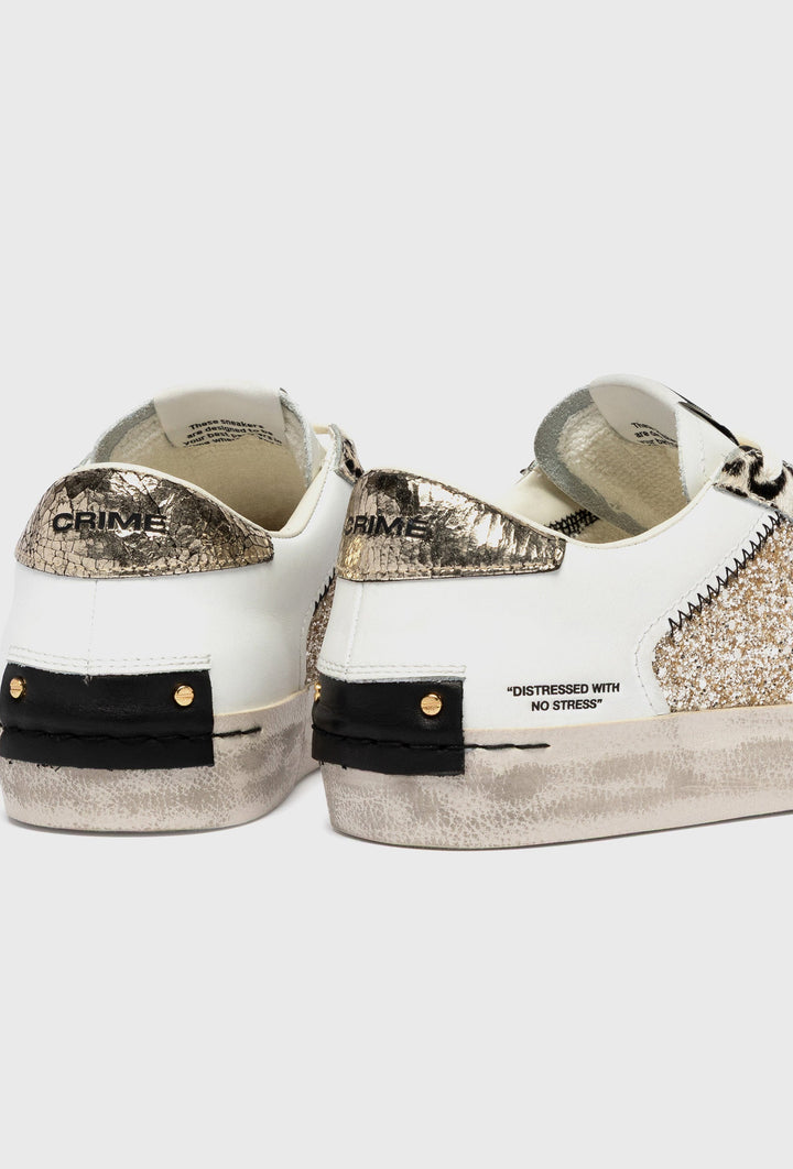 Weiße Crime London Sneaker mit Panther-Print und Glitzer