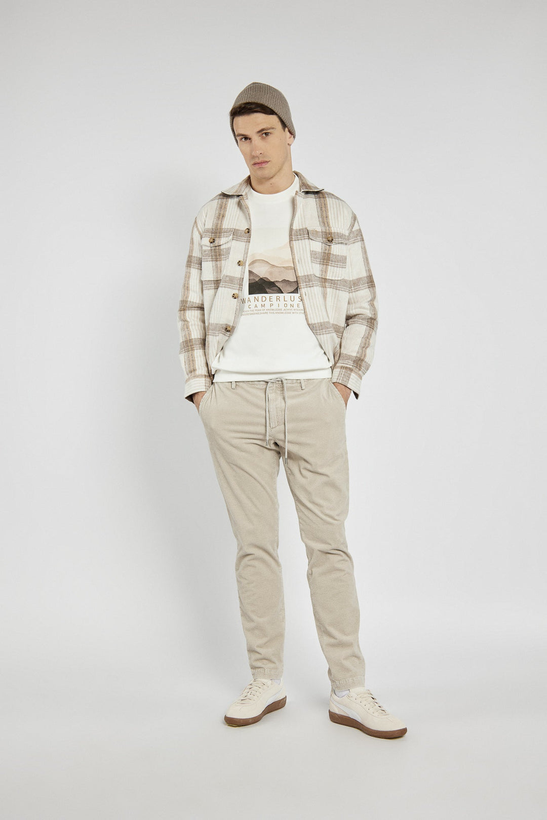 Comfortable Men's Beige Trousers with a Decorative Drawstring