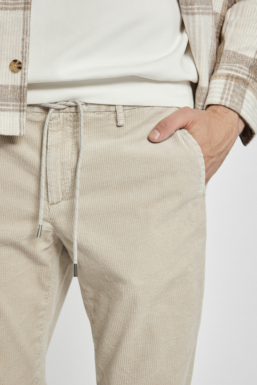 Comfortable Men's Beige Trousers with a Decorative Drawstring