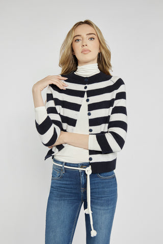 Cardigan with wide navy blue and white stripes