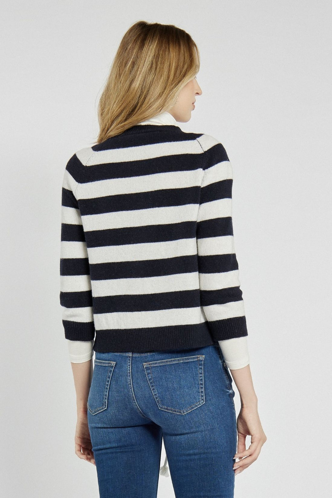 Cardigan with wide navy blue and white stripes