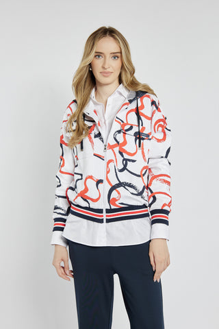 White zip-up sweatshirt with abstract patterns