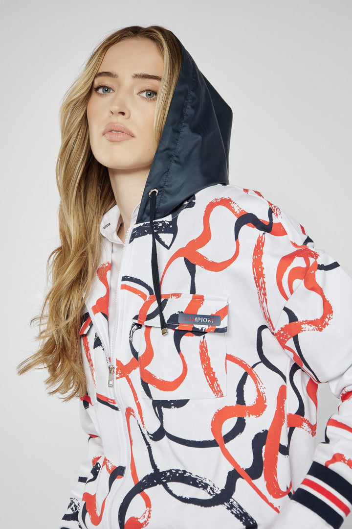 White zip-up sweatshirt with abstract patterns