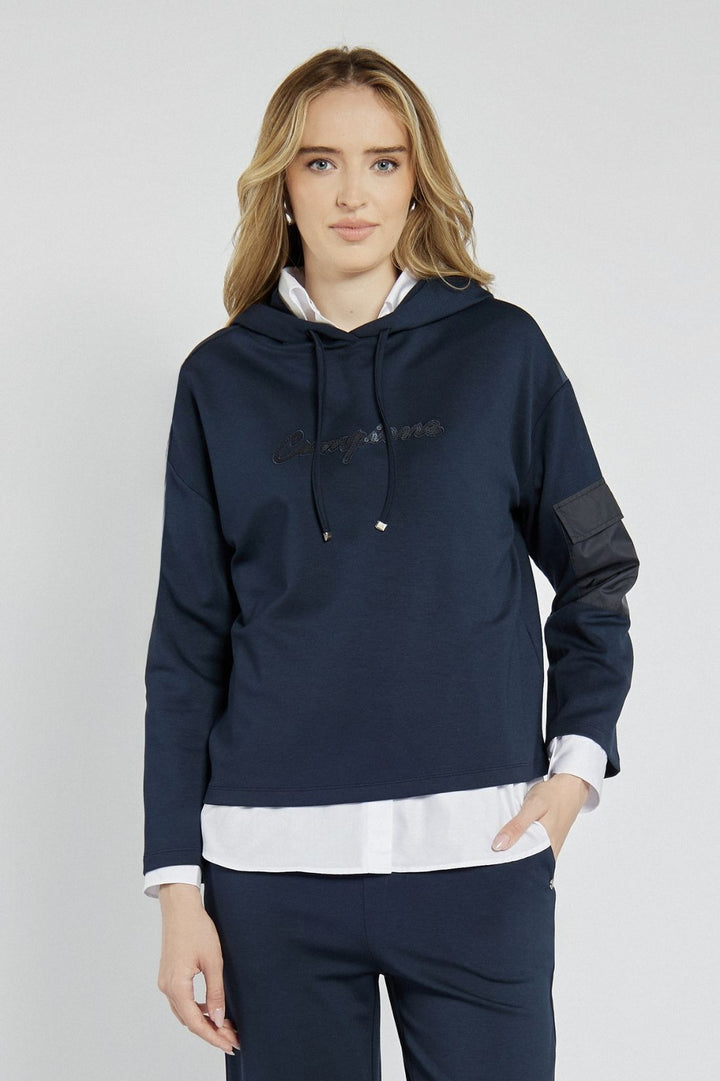 Navy blue sweatshirt with a patch on the sleeve