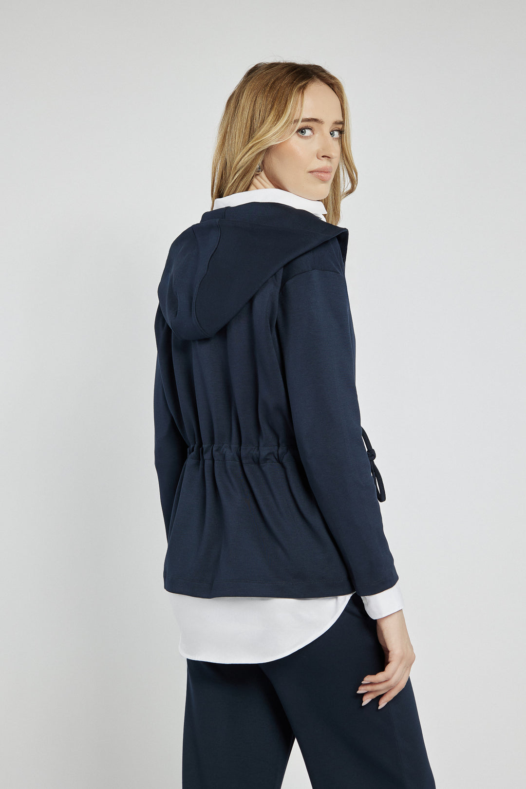 Navy blue hooded jacket with ribbed cuffs